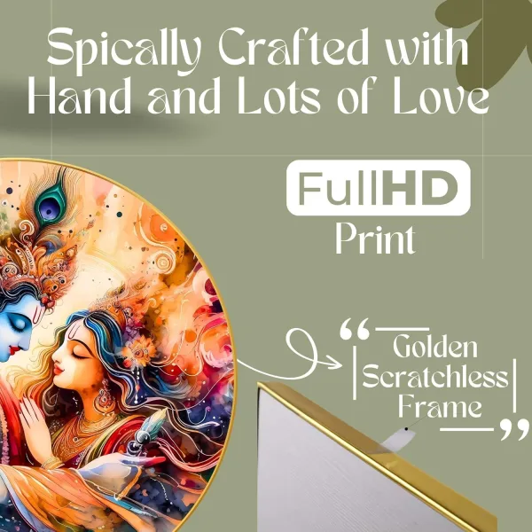 Radha Krishna Wall Painting for Wall Decoration with Frame Sparkle Glossy Round Golden Framed