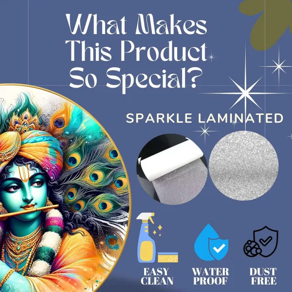 Radha Krishna Wall Painting for Wall Decoration with Frame Sparkle Glossy Round Golden Framed