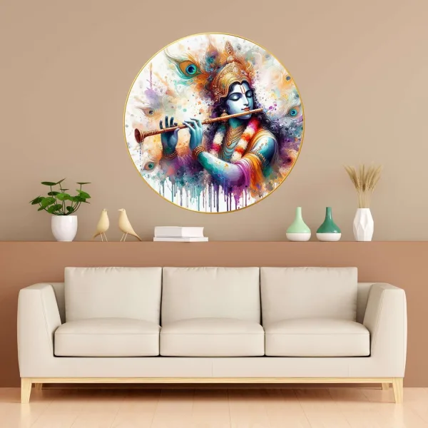 Radha Krishna Wall Painting for Wall Decoration with Frame Sparkle Glossy Round Golden Framed