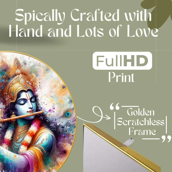 Radha Krishna Wall Painting for Wall Decoration with Frame Sparkle Glossy Round Golden Framed