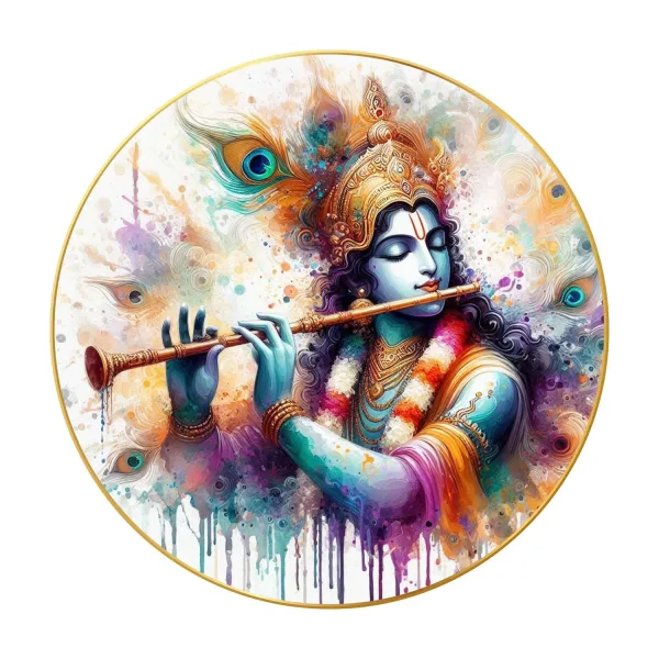 Radha Krishna Wall Painting for Wall Decoration with Frame Sparkle Glossy Round Golden Framed