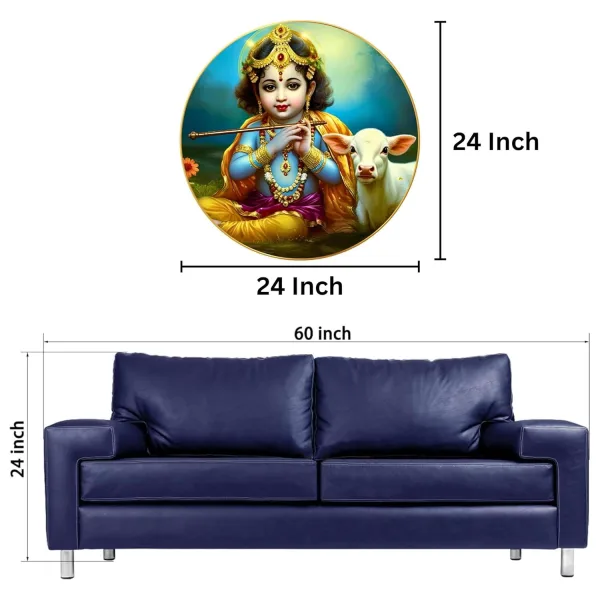 Radha Krishna Wall Painting for Wall Decoration with Frame Sparkle Glossy Round Golden Framed