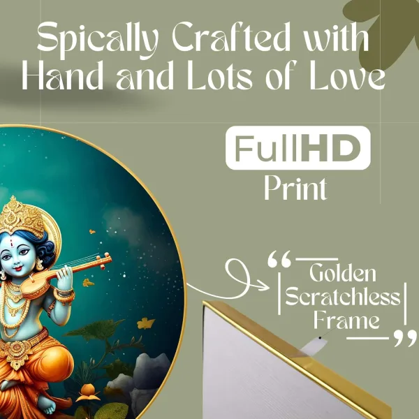 Radha Krishna Wall Painting for Wall Decoration with Frame Sparkle Glossy Round Golden Framed