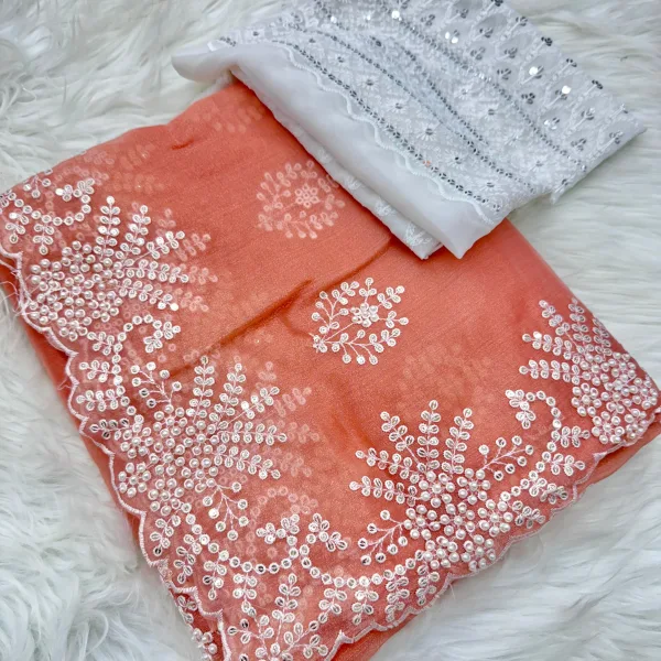 Designer Fendy Silk Saree Pearl and Sequin Detailed Work