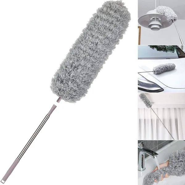 Microfiber Feather Duster with Telescopic Extension Pole – Scratch-Resistant, Washable Duster for High Ceiling Fans, Furniture, Windows, Blinds, and Cars (Up to 100 Inches, Grey)