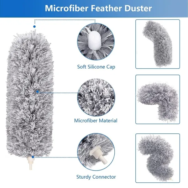 Microfiber Feather Duster with Telescopic Extension Pole – Scratch-Resistant, Washable Duster for High Ceiling Fans, Furniture, Windows, Blinds, and Cars (Up to 100 Inches, Grey)