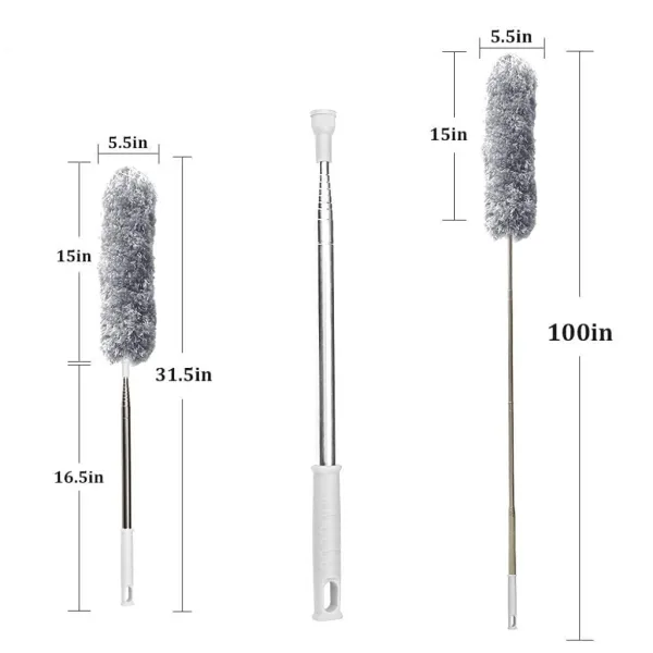 Microfiber Feather Duster with Telescopic Extension Pole – Scratch-Resistant, Washable Duster for High Ceiling Fans, Furniture, Windows, Blinds, and Cars (Up to 100 Inches, Grey)