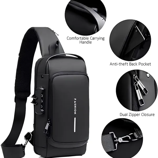 Waterproof Polyester Slim Unisex Crossbody Sling Bag Chest Anti-Theft Backpack for Men & Women | Shoulder Bag | Travel Handbag with Hard Shell Password Lock | Crossbody Backpack for Hiking, Cycling, Travel (Black)