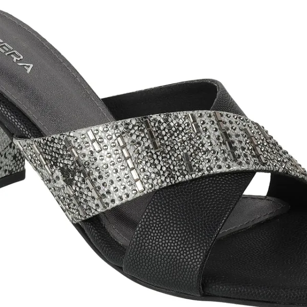 Black Cross-Strap Block Heel Sandals with Embellished Detailing