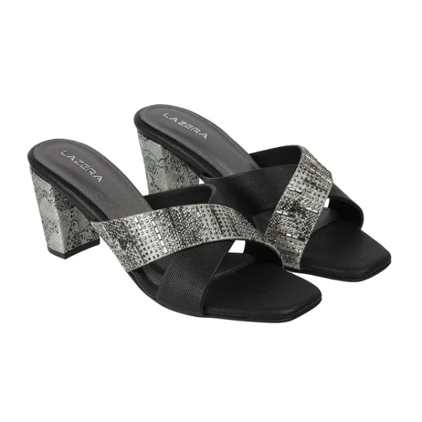 Black Cross-Strap Block Heel Sandals with Embellished Detailing
