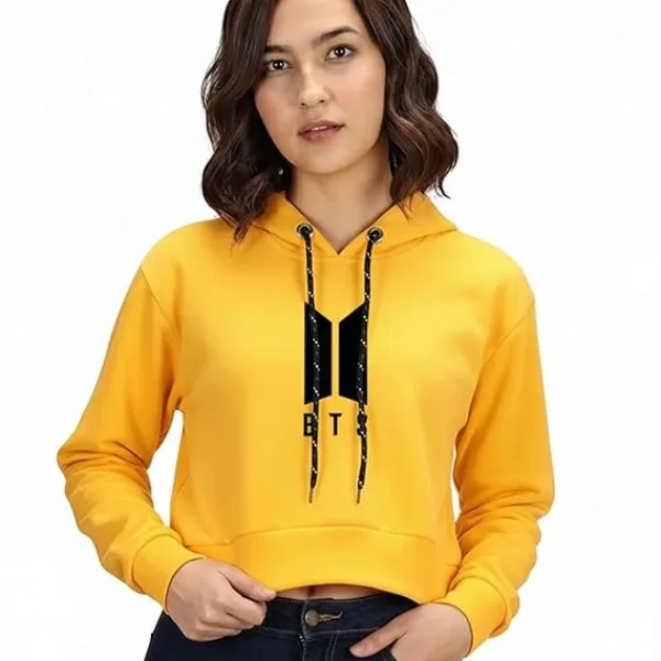 Women Crop Hoodie Cotton Drawstring Long Sleeve Casual Wear