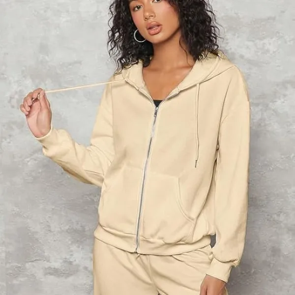 Women's Polycotton Fleece Plain Hooded Neck Full Zipper Winter Jacket Sweatshirts Casual Hoodie with Kangaroo Pocket