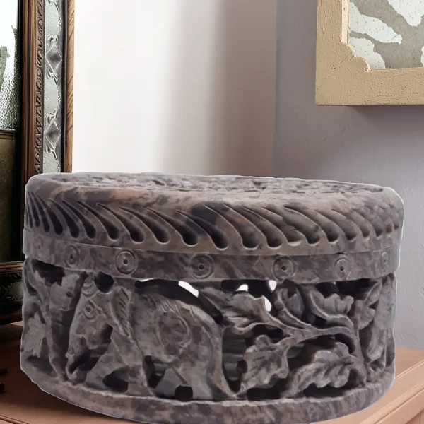 Intricate Leaf Elephant Design Marble Decorative Box
