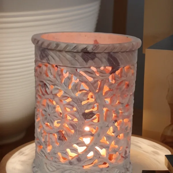 Round Marble Pen Holder with Tealight Leaf Flower Design