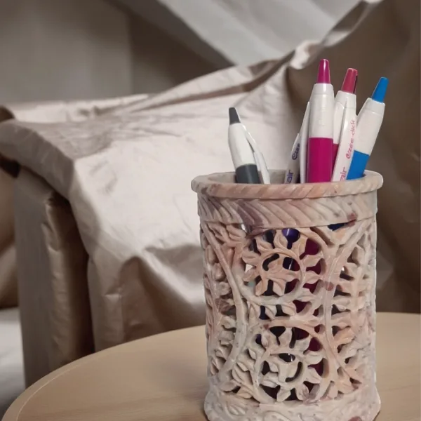 Round Marble Pen Holder with Tealight Leaf Flower Design