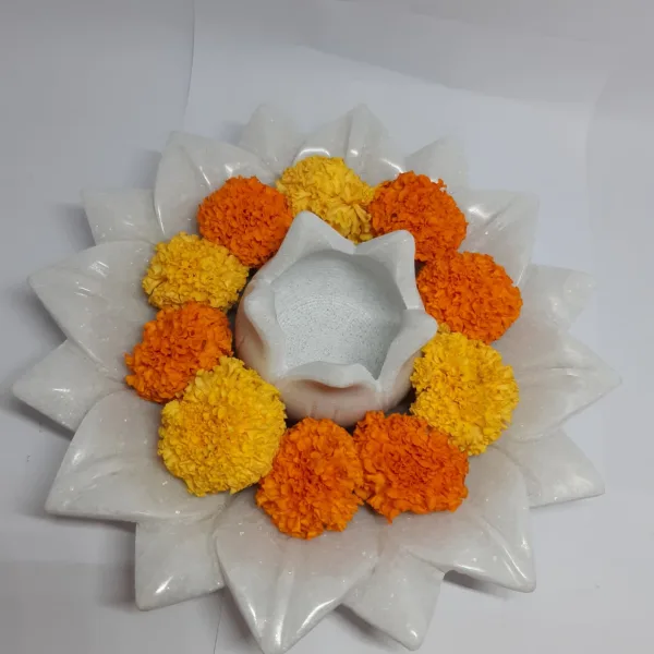 Large Marble Urli Bowl with Lotus Plate Decor Combo Set