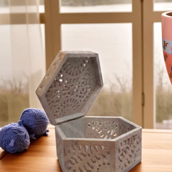 Hand Carved Marble Jewelry Box with Hexagonal Design