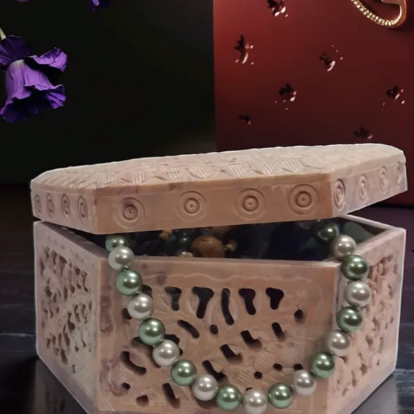 Hand Carved Marble Jewelry Box with Hexagonal Design