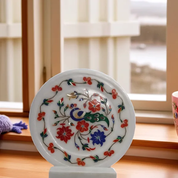 White Marble Inlay Work Decorative Plate Handcrafted