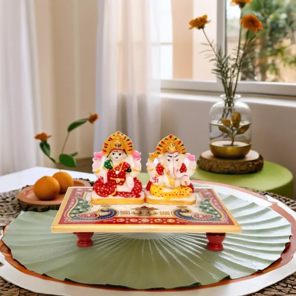 Lakshmi Ganesh Idol on Marble Chowki for Home Temple Decor