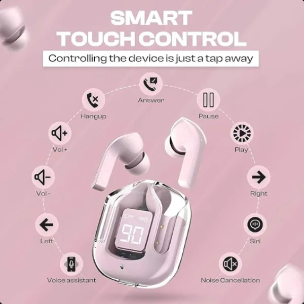 UltraPods Max TWS Earbuds Pro Bluetooth | Transparent Design | Fast Charging | 13mm HD Bass Drivers | Built-in Mic | Running, Outdoors, Music Sound (Pink)