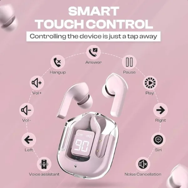 UltraPods Max TWS Earbuds Pro Bluetooth | Transparent Design | Fast Charging | 13mm HD Bass Drivers | Built-in Mic | Running, Outdoors, Music Sound (Pink)