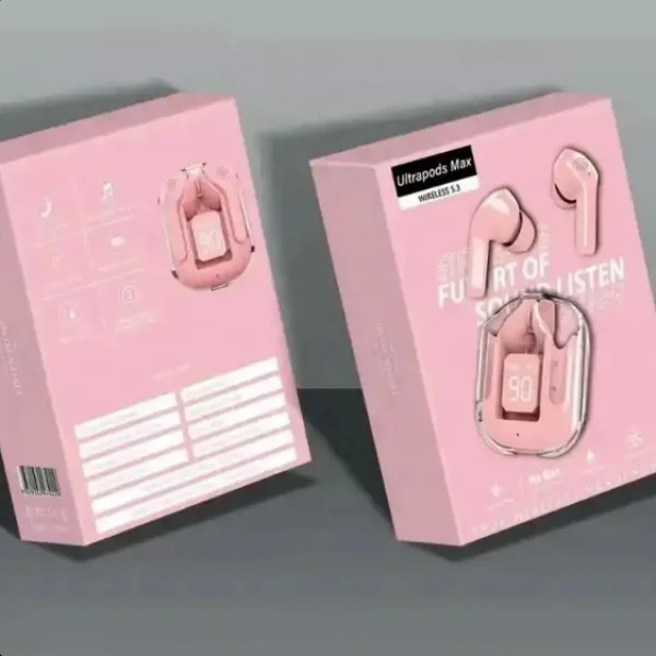 UltraPods Max TWS Earbuds Pro Bluetooth | Transparent Design | Fast Charging | 13mm HD Bass Drivers | Built-in Mic | Running, Outdoors, Music Sound (Pink)