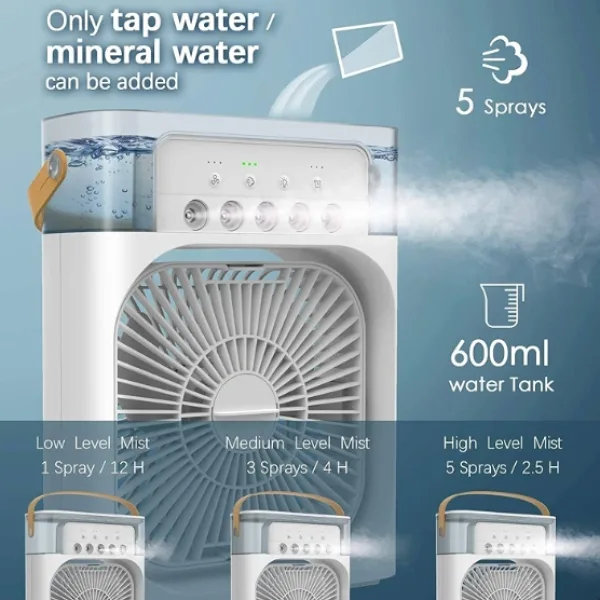 AC Cooler USB Rechargeable Air Cooler, 3 Speeds, 7 Colors LED Night Light, Portable Mini Air Conditioner Fan with Water Cooling, Humidifier, Purifier for Home, Office, Bedroom