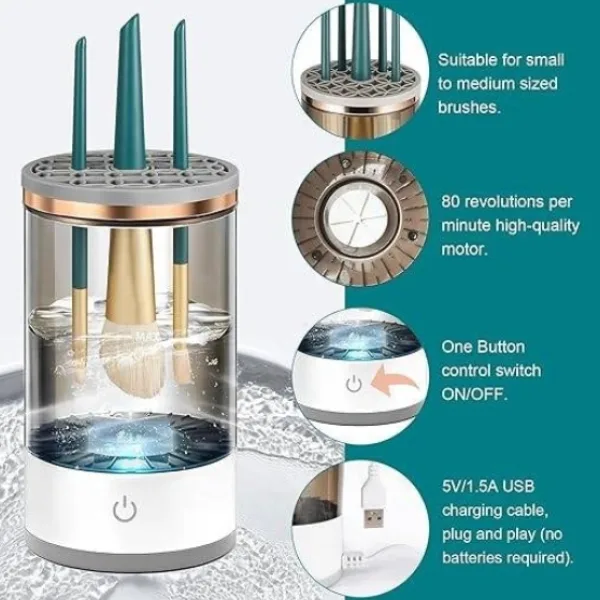 Spinning makeup brush cleaner fits all brush sizes easily