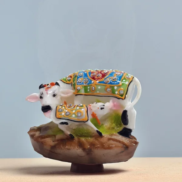 Handcrafted Marble Kamdhenu Cow Calf Decorative Showpiece