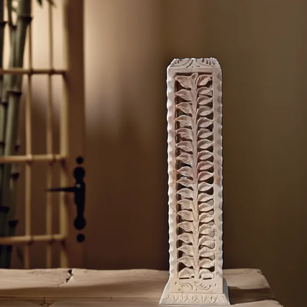 11 Inch Soapstone Marble Candle Stand with Leaf Carving