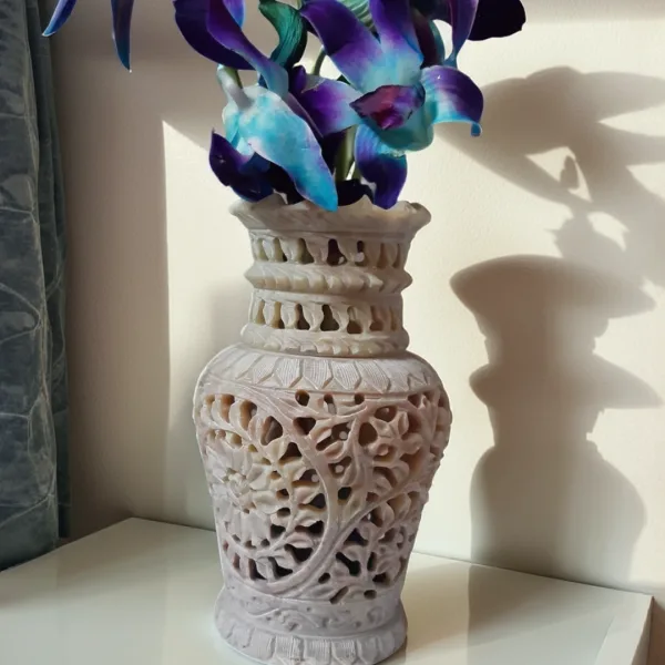 6" Soapstone Marble Flower Vase With Intricated Leaves And Flowers, Beautiful Gift And Homedecore Peice