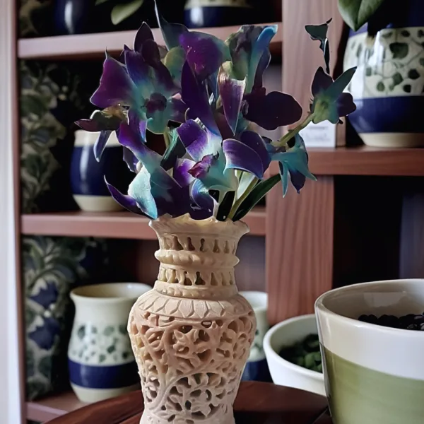 6" Soapstone Marble Flower Vase With Intricated Leaves And Flowers, Beautiful Gift And Homedecore Peice
