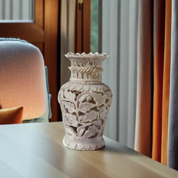 Soapstone Marble Flower Vase with Intricate Leaf Carving
