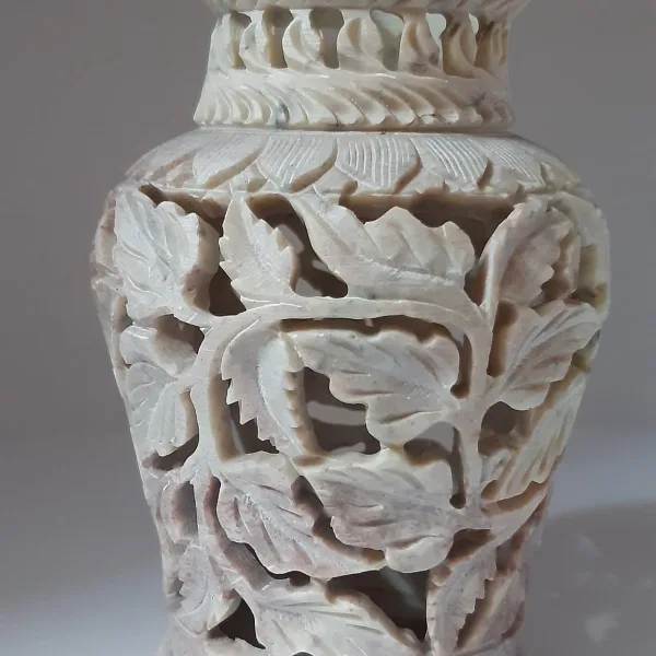 Soapstone Marble Flower Vase with Intricate Leaf Carving