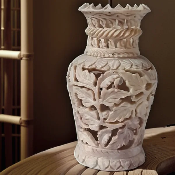 Soapstone Marble Flower Vase with Intricate Leaf Carving