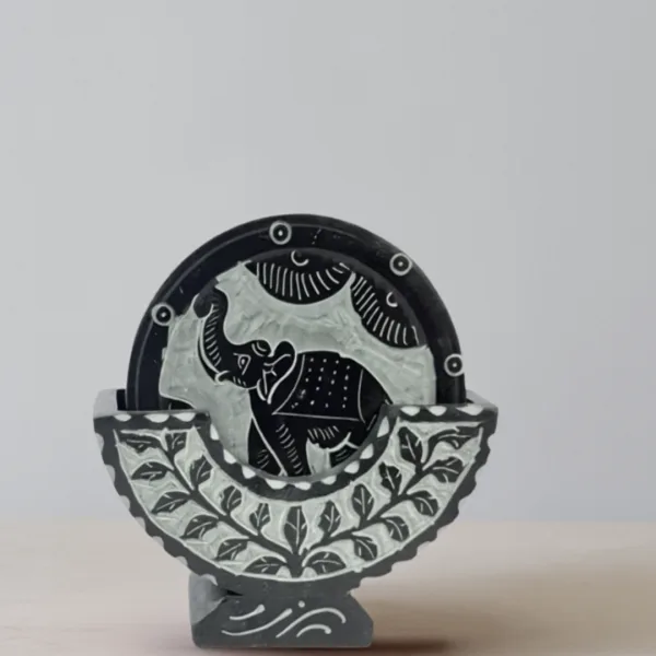 Black Round Elephant Engraved Marble Coaster