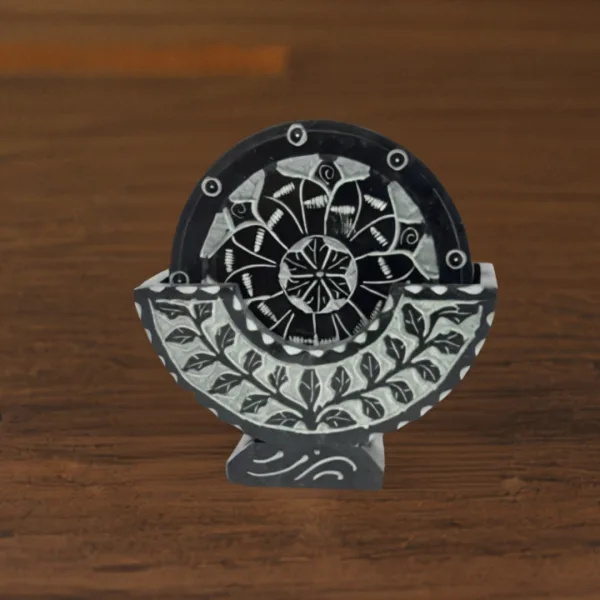 Black Round Flower Engraved Marble Coaster