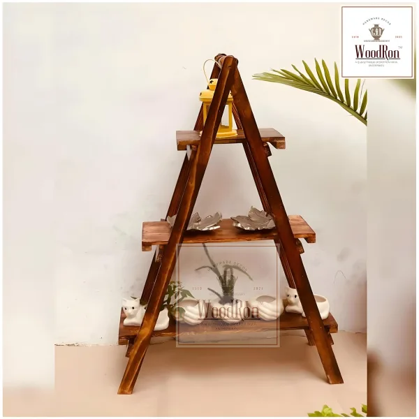 WoodRon Brand - Multipurpose 3-Tier Foldable Classy Pinewood 3-feet Ladder Shelf | Plant Stand | Indoor Flower Pot Stand | Bookcase Storage Rack | Display Shelf For Home Decor, Tiered Shelf