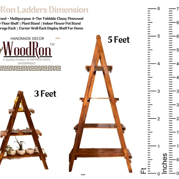 WoodRon Brand - Multipurpose 3-Tier Foldable Classy Pinewood 3-feet Ladder Shelf | Plant Stand | Indoor Flower Pot Stand | Bookcase Storage Rack | Display Shelf For Home Decor, Tiered Shelf