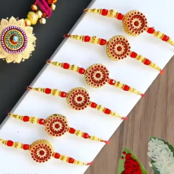 LIGHT 6 pice combo rakhi red gold beautiful rakhi with roli and chawal Pack of 6