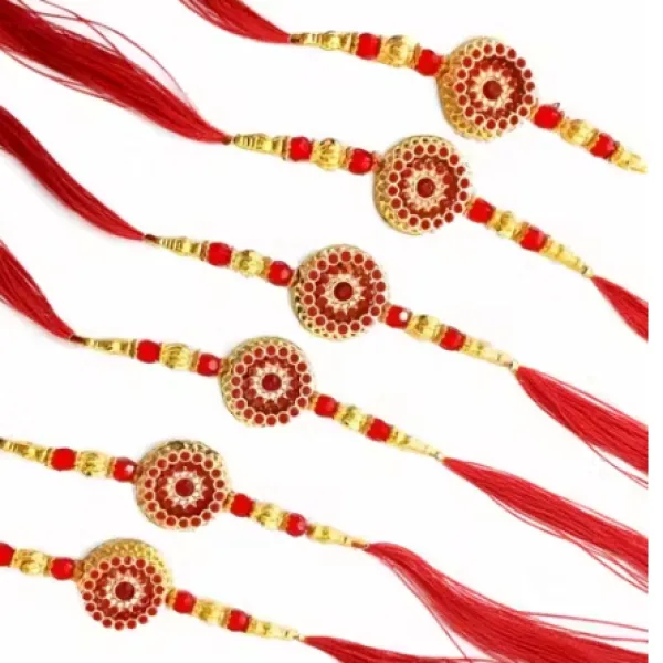 LIGHT 6 pice combo rakhi red gold beautiful rakhi with roli and chawal Pack of 6