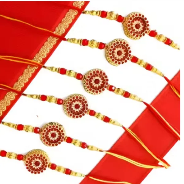 LIGHT 6 pice combo rakhi red gold beautiful rakhi with roli and chawal Bhaiya bhabi rakhi bhai, bro, brother Pack of 6 PICE
