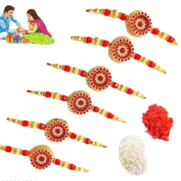 LIGHT 6 pice combo rakhi red gold beautiful rakhi with roli and chawal Bhaiya bhabi rakhi bhai, bro, brother Pack of 6 PICE