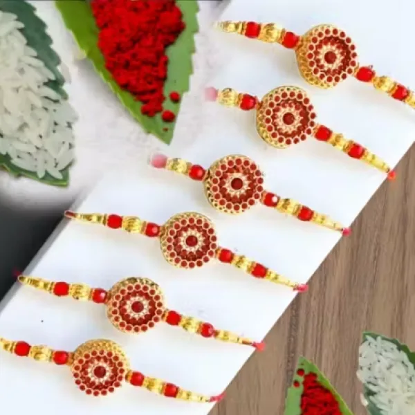 LIGHT FANCY RED GOLD RAKHI 6 PICE COMBO