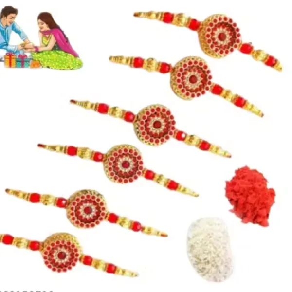 LIGHT FANCY RED GOLD RAKHI 6 PICE COMBO