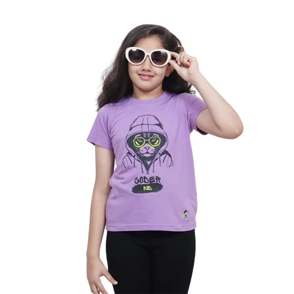 Kids’ Unisex T-Shirt  – Purple “Coder Cat” Cartoon Digital Print | Soft Cotton-Modal Blend, Breathable & Comfortable Everyday Wear, Stylish Graphic Tee for Boys & Girls