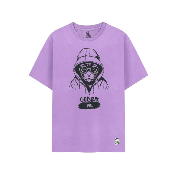 Kids’ Unisex T-Shirt  – Purple “Coder Cat” Cartoon Digital Print | Soft Cotton-Modal Blend, Breathable & Comfortable Everyday Wear, Stylish Graphic Tee for Boys & Girls