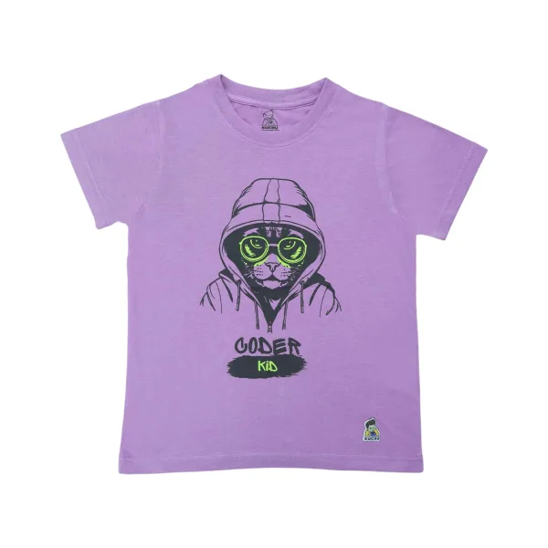 Kids’ Unisex T-Shirt  – Purple “Coder Cat” Cartoon Digital Print | Soft Cotton-Modal Blend, Breathable & Comfortable Everyday Wear, Stylish Graphic Tee for Boys & Girls