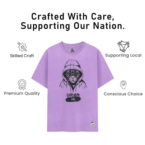 Kids’ Unisex T-Shirt  – Purple “Coder Cat” Cartoon Digital Print | Soft Cotton-Modal Blend, Breathable & Comfortable Everyday Wear, Stylish Graphic Tee for Boys & Girls